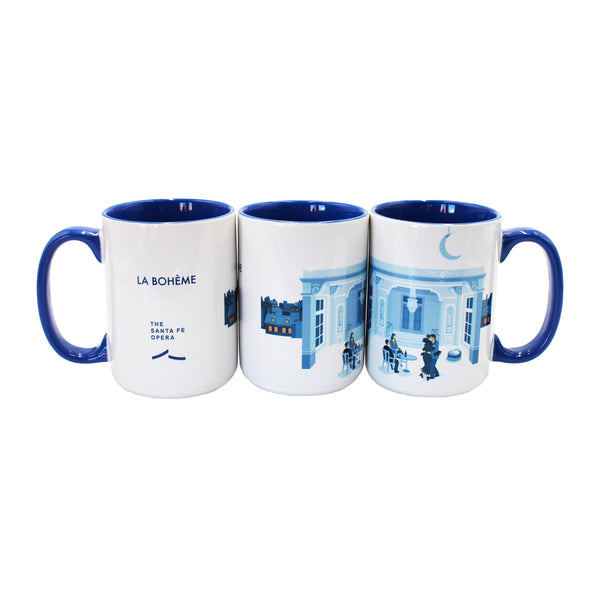 Image of three mugs featuring 2025 production artwork for La Boheme and the Santa Fe Opera logo with blue handles and blue interior.