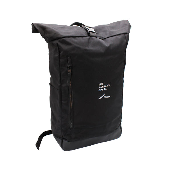 Image of a black backpack with a white Santa Fe Opera logo, a zipper pocket and top buckle.