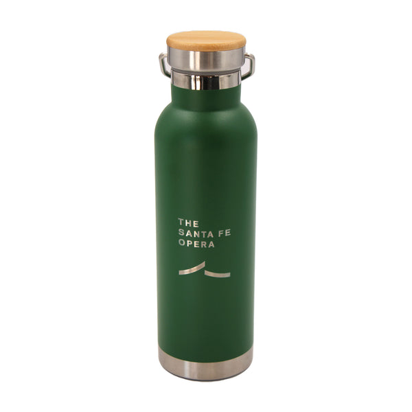 Stainless steel green water bottle with silver Santa Fe Opera logo. Bamboo trimmed stainless steel lid.