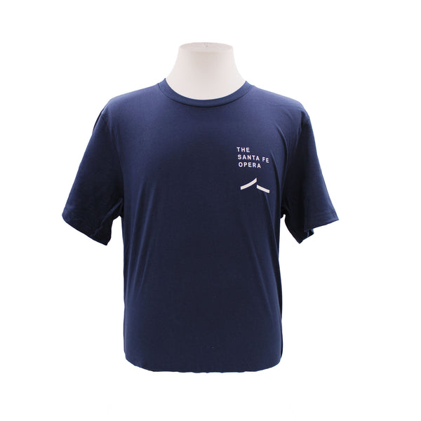Front. Navy, short sleeve, crew neck tee with a white Santa Fe Opera logo.