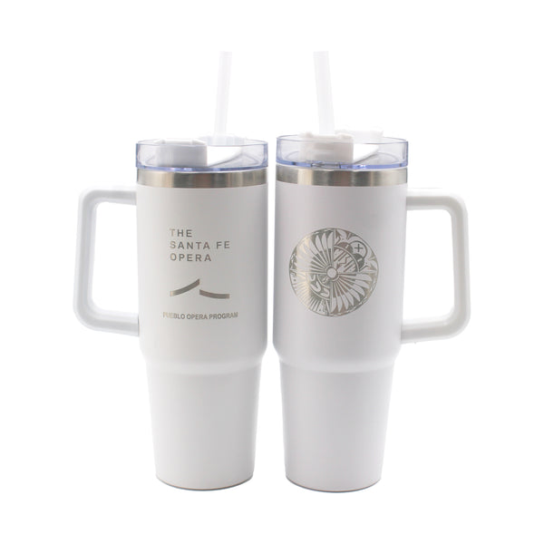 Image of white travel mug wit straw and etched Santa Fe Opera logo, Pueblo Opera Program and artwork.