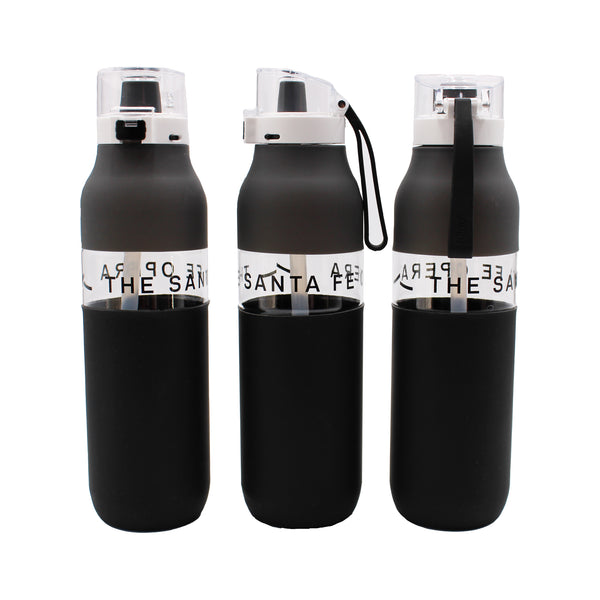 Image of a black, white and clear plastic water bottle with the Santa Fe Opera wrapped around the center.
