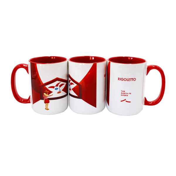 Image of three mugs featuring 2025 production artwork for Rigoletto and the Santa Fe Opera logo with red handles and red interior.