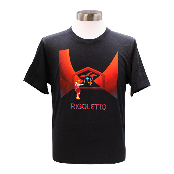 Image of a black tee with 2025 production artwork for Rigoletto.