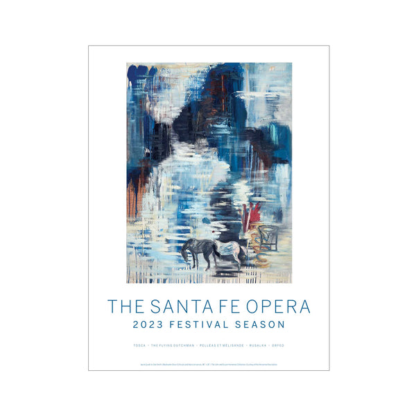 Image of 2023 Season Poster. Blue artwork with horses "Blackwater Draw II" by Jaune Quick-to-See Smith.