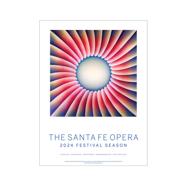 Image of 2024 Season Poster. Pink/blue artwork "Through the Flowers" by Judy Chicago.