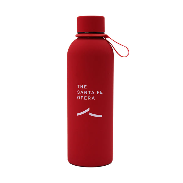 Image of a red water bottle with a loop handle and a white Santa Fe Opera logo.