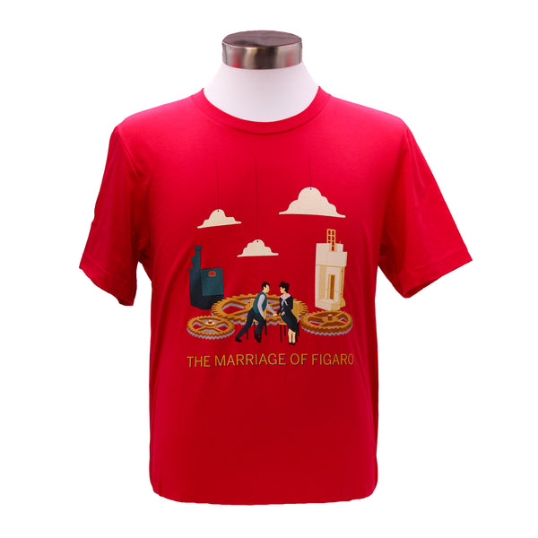 Image of a bright red tee with 2025 production artwork for The Marriage of Figaro.