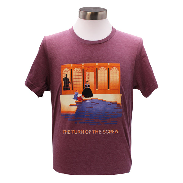 Image of a maroon tee with 2025 production artwork for The Turn of the Screw.