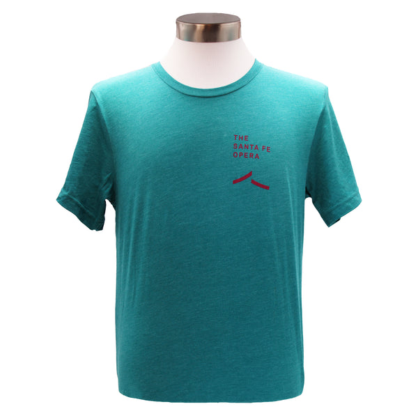 Image of bright teal short sleeve tee with a burgundy Santa Fe Opera logo.