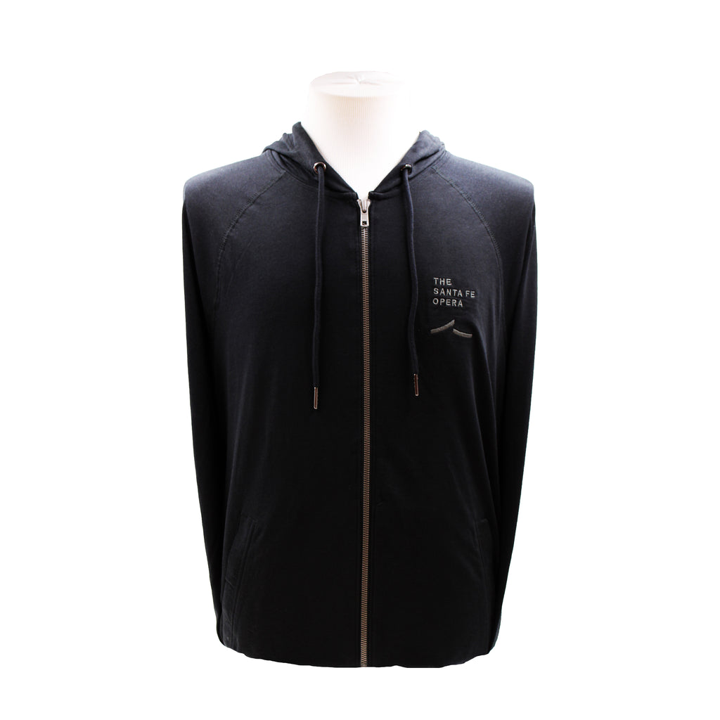 Black zip up hoodie the the Santa Fe Opera embroidered in grey.