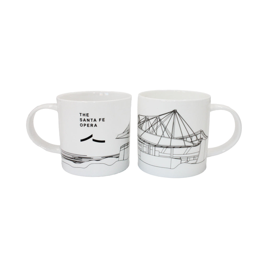 Front and Back of white mug with outline drawing of the Santa Fe Opera Theater