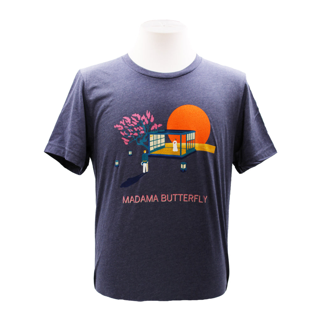 Midnight blue tee with 'Madama Butterfly' graphic design and text.