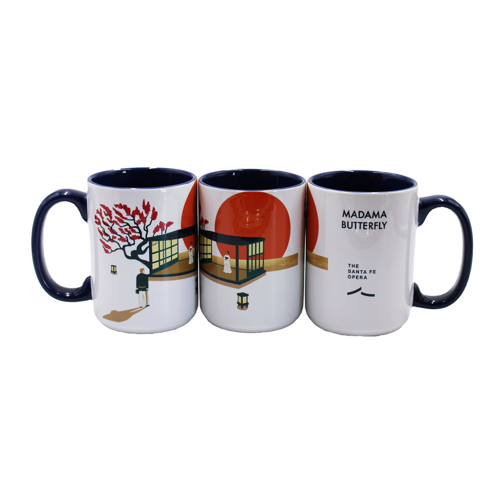 Navy and white mug Madama Butterfly artwork and the Santa Fe Opera logo.