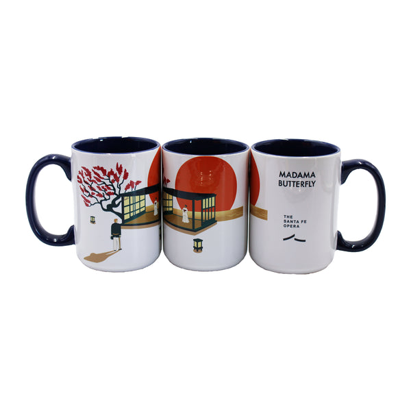 Navy and white mug Madama Butterfly artwork and the Santa Fe Opera logo.