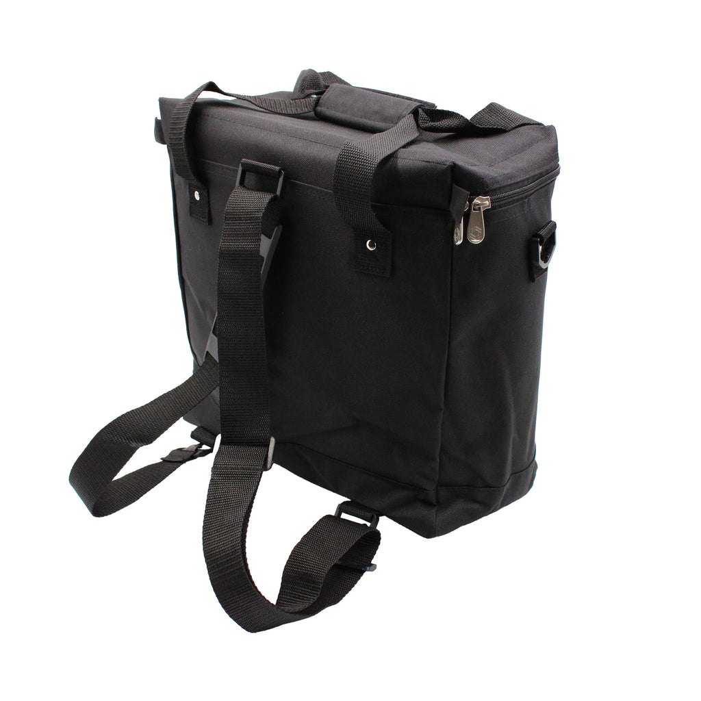 Black cooler bag with handle, adjustable backpack strap and zipper enclosure.