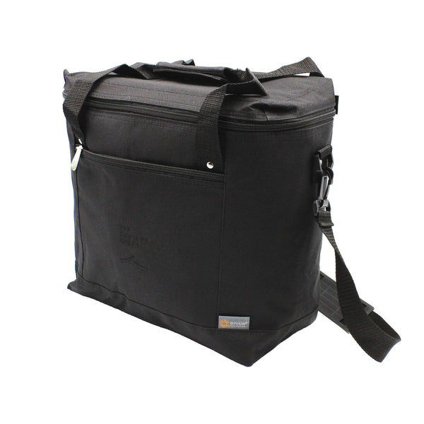 Black cooler bag with handle, adjustable shoulder strap, zipper enclosure and front zipper pocket..