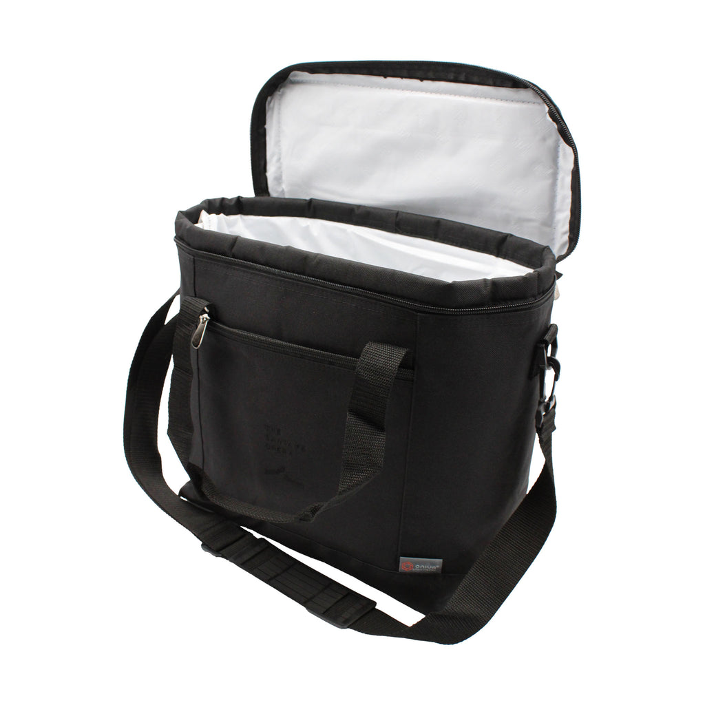 Black cooler bag with open lid and white interior. Adjustable shoulder strap and front zipper pocket.