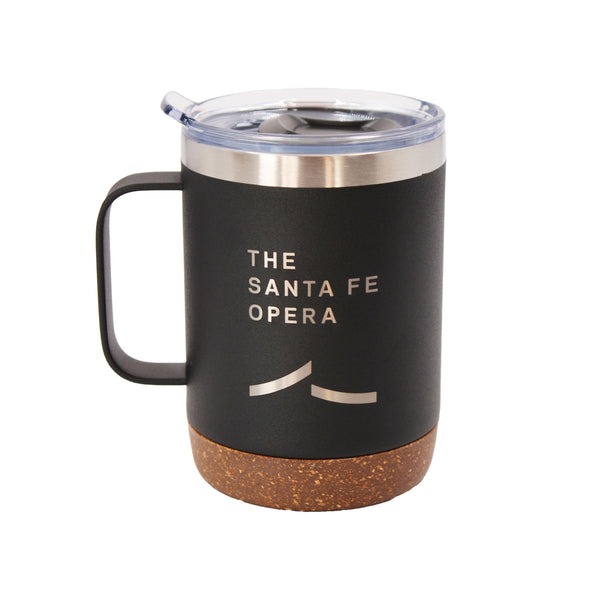 Black camping mug with cork bottom and engraved Santa Fe Opera logo.
