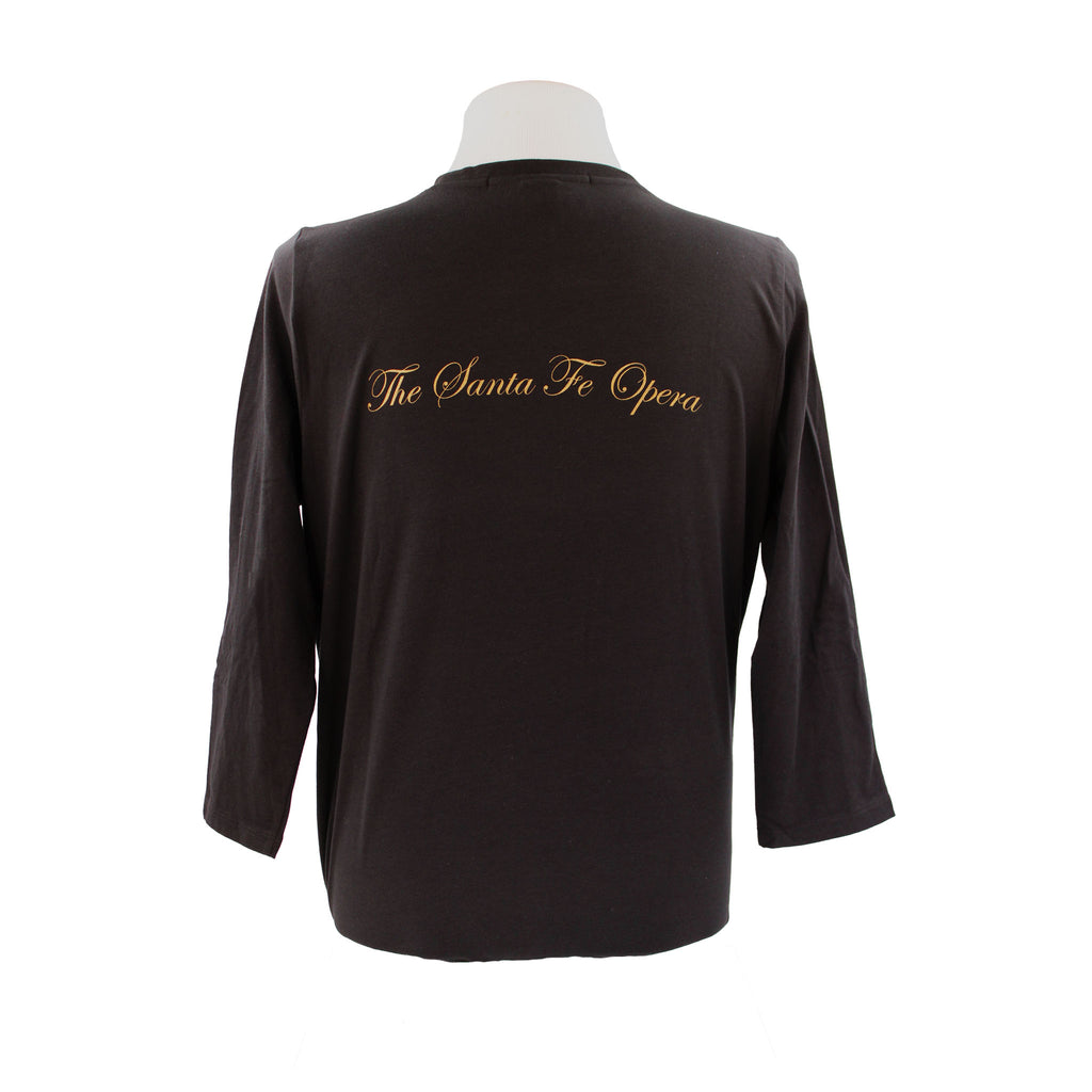 Back of 3/4 sleeve black v-neck shirt with Santa fe Opera written in gold..