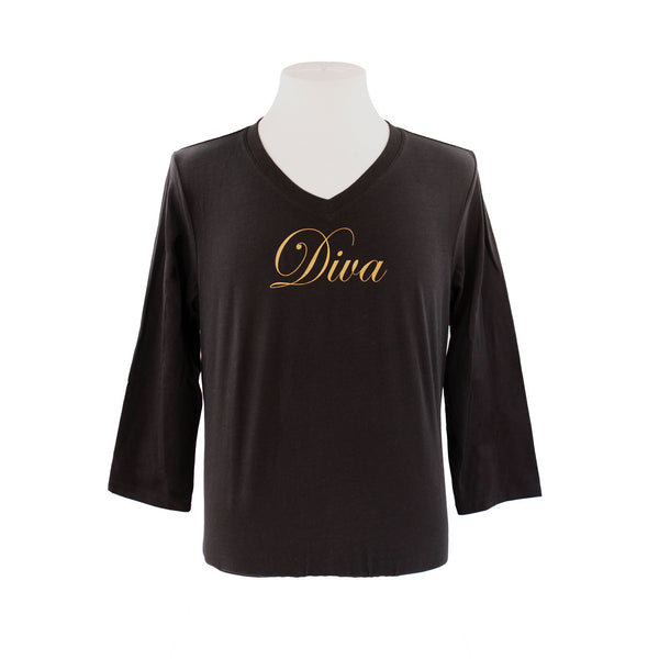 Front of 3/4 sleeve black v-neck shirt with Diva written in gold.