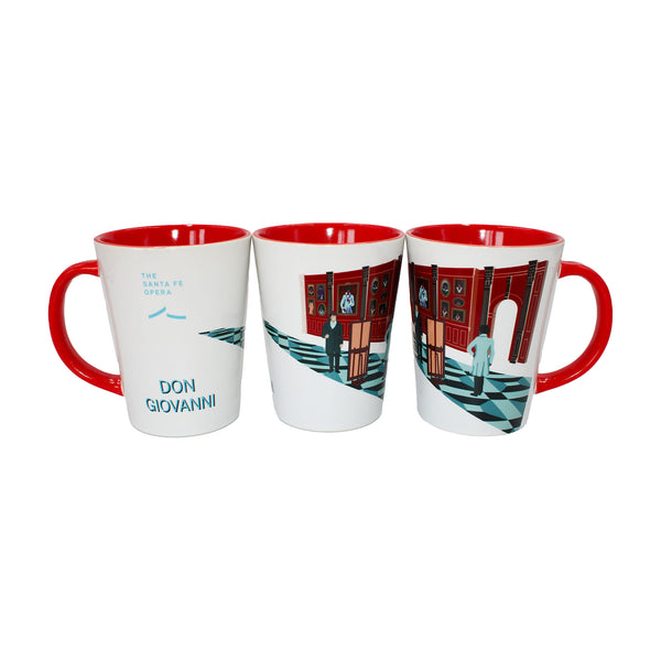 Mug with Don Giovanni 2024 production artwork, red handle and red interior. Glossy finish.