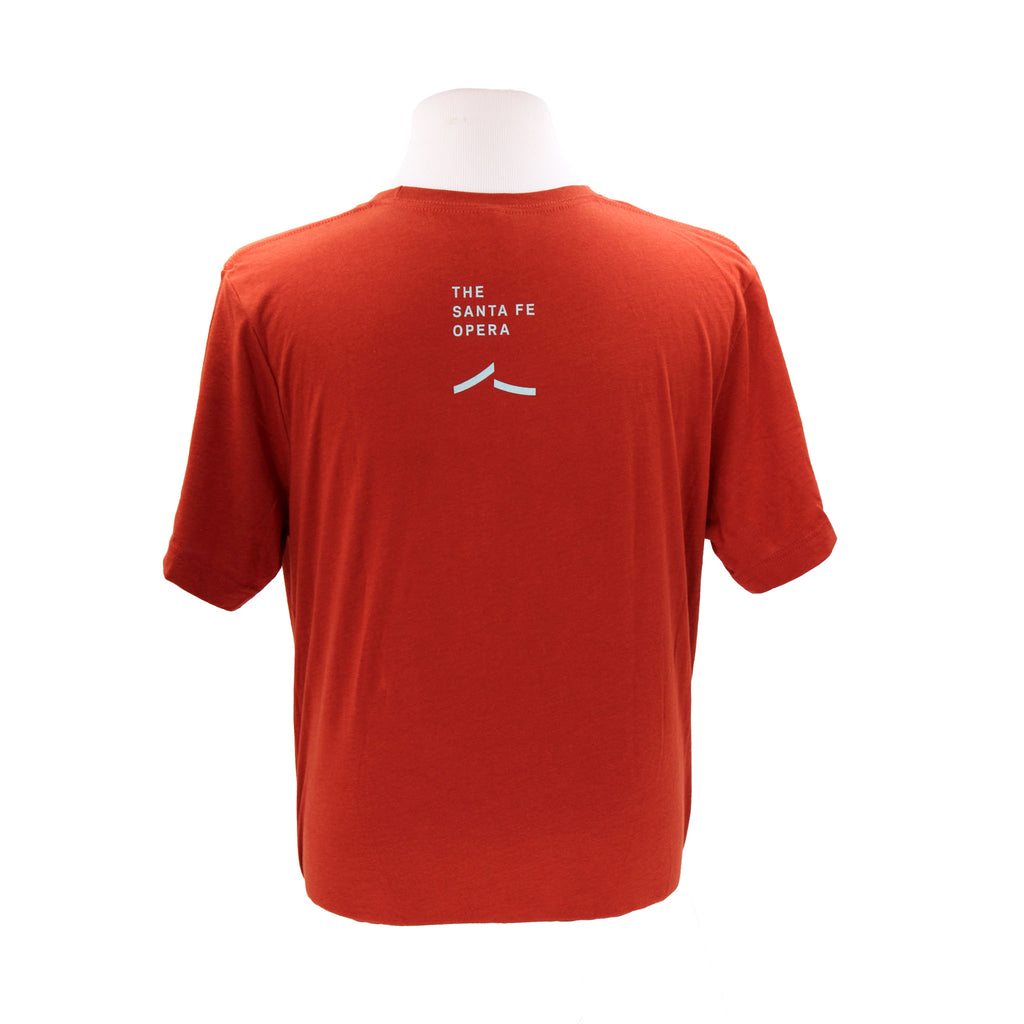 Back. Rust red, short sleeve, crew neck tee with the Santa Fe Opera logo in light blue.