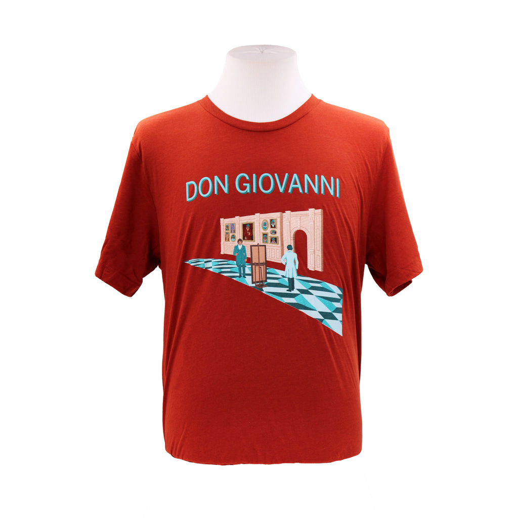 Front. Rust red, short sleeve, crew neck tee with the Don Giovanni 2024 artwork. 