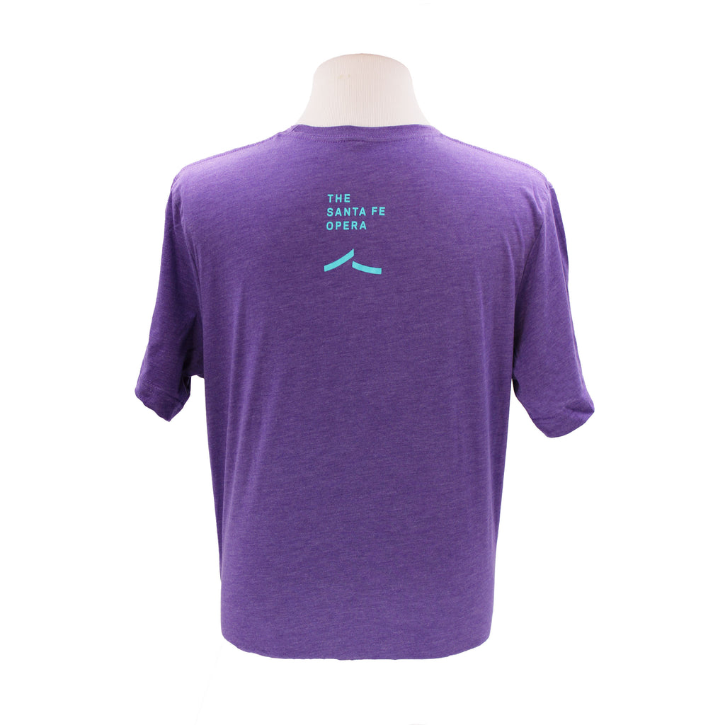 Back. Purple, short sleeve, crew neck tee with the Santa Fe Opera logo in light blue.