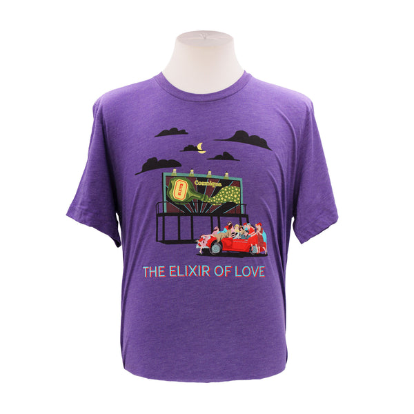 Front. Purple, short sleeve, crew neck tee with the Elixir of Love artwork.
