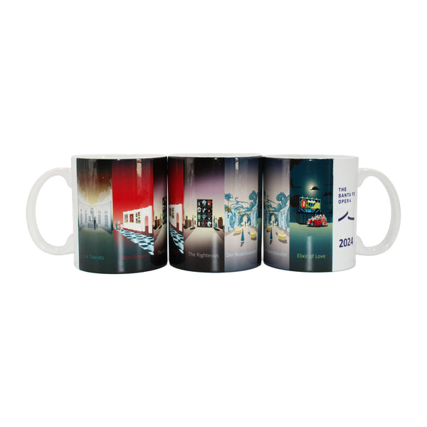 White mug with artwork from five 2024 productions and a purple Santa Fe Opera logo and year.