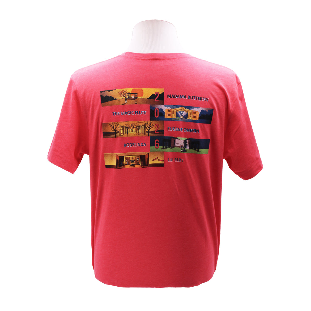 Red tee featuring the 2026 festival artwork and the names of each production.