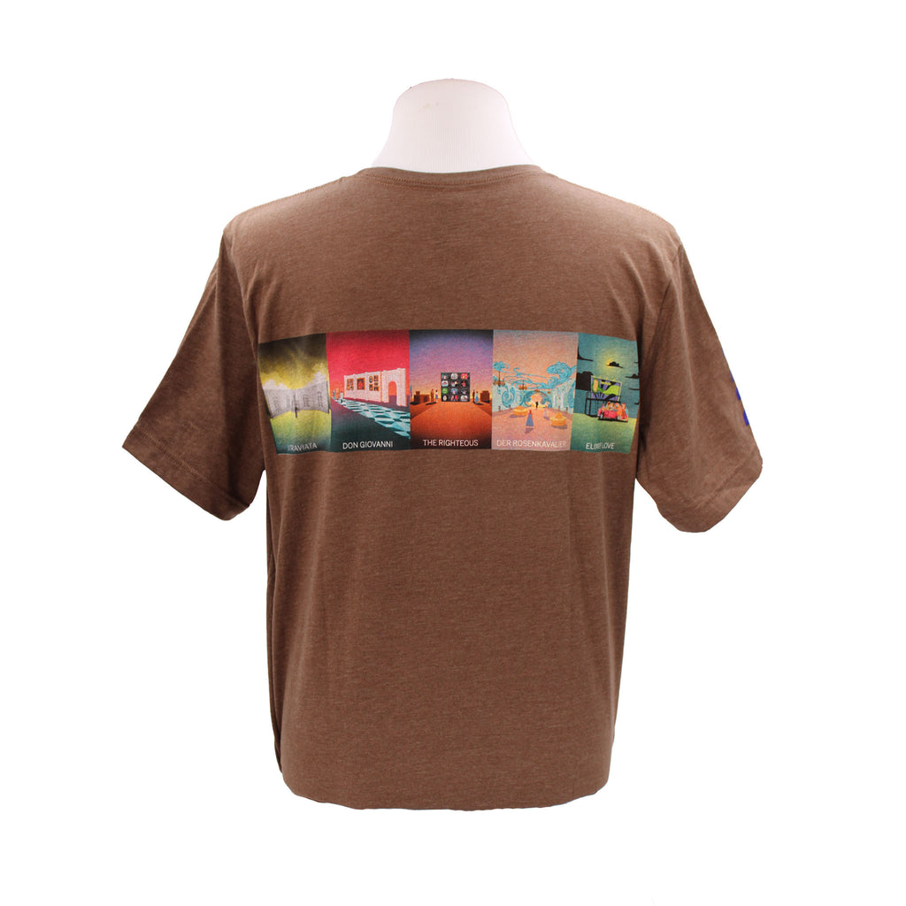 Back. Heather brown, crew neck, short sleeve tee with five multi-colored production artwork.