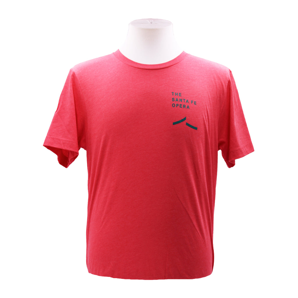 Red short sleeve tee with the Santa Fe Opera logo in green.