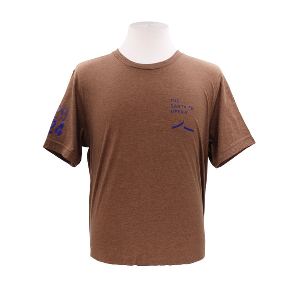 Front. Heather brown, crew neck, short sleeve tee with purple Santa Fe Opera logo and 2024 on the right sleeve.