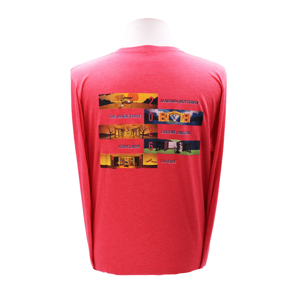 Red long sleeve tee featuring the 2026 festival artwork and names of each production.