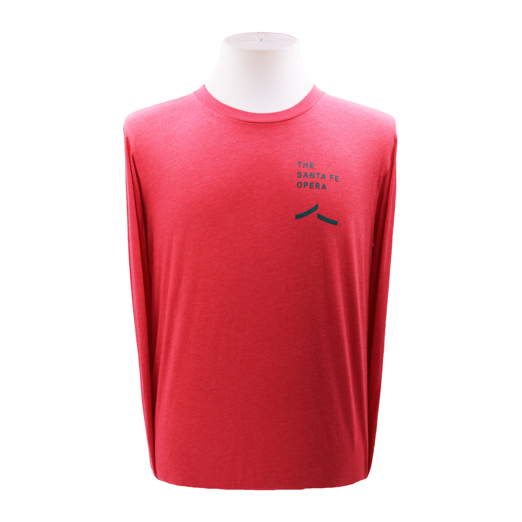 Red long sleeve tee with the Santa Fe Opera logo on the front in green.