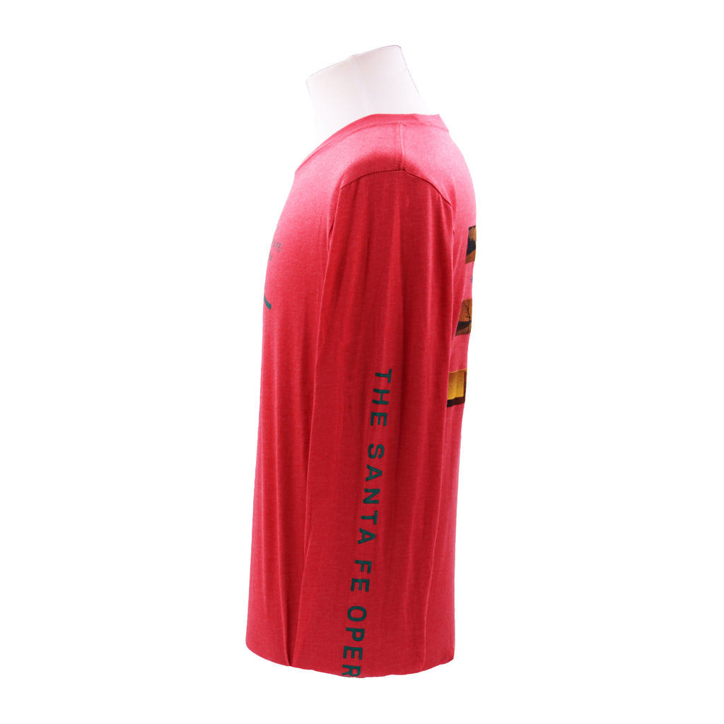 Red long-sleeve shirt with "The Santa Fe Opera" on the sleeve in green.
