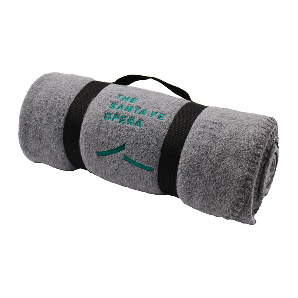 Gray blanket with black straps and the Santa Fe Opera logo in green.