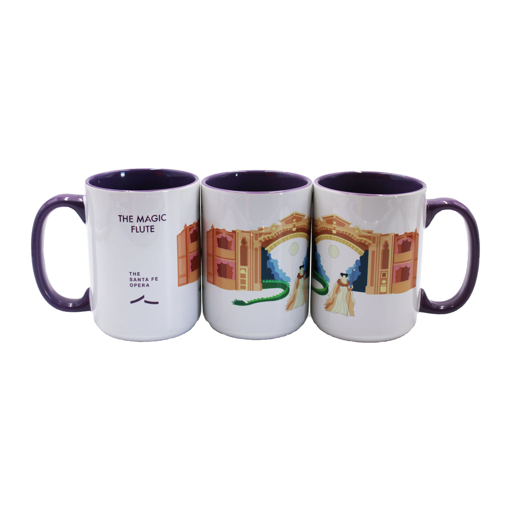 Purple and white mug The Magic Flute artwork and the Santa Fe Opera logo.