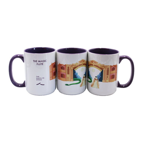 Purple and white mug The Magic Flute artwork and the Santa Fe Opera logo.