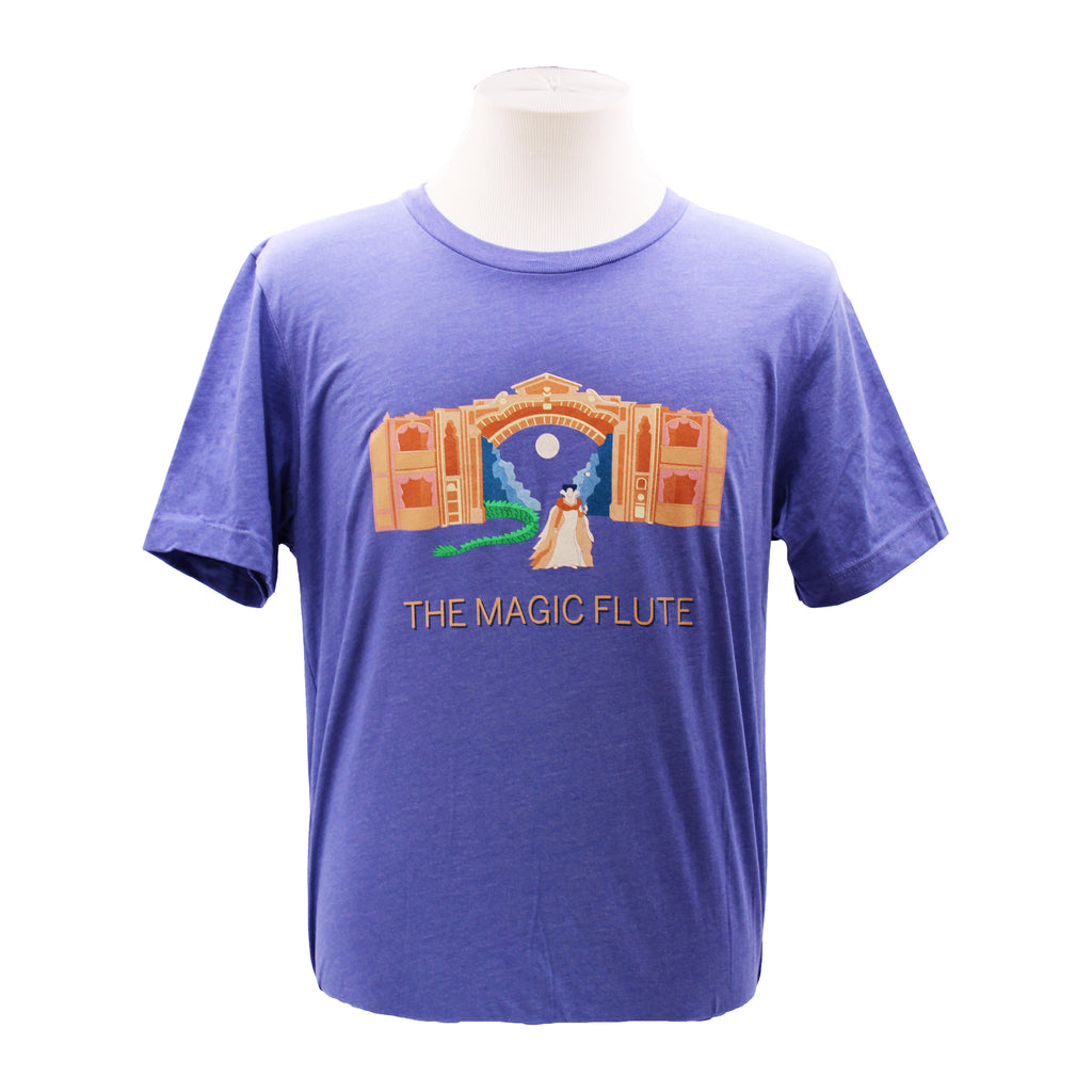 Purple tee with 'The Magic Flute' graphic design and text.