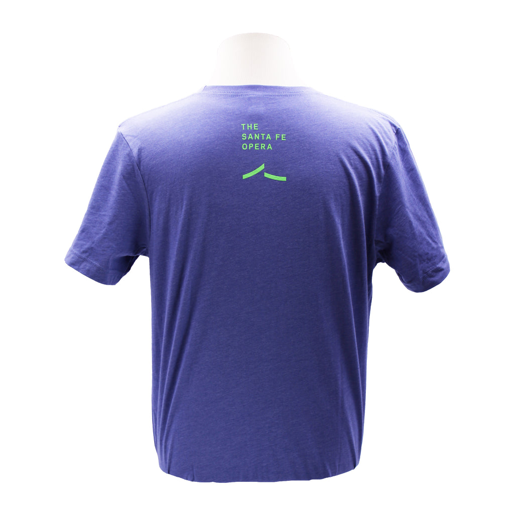 Purple tee with the Santa Fe Opera logo in green.