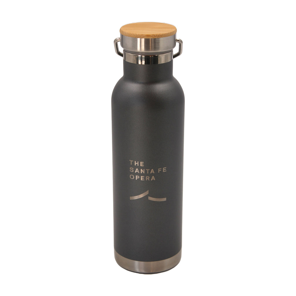 Stainless steel grey water bottle with silver Santa Fe Opera logo. Bamboo trimmed stainless steel lid.