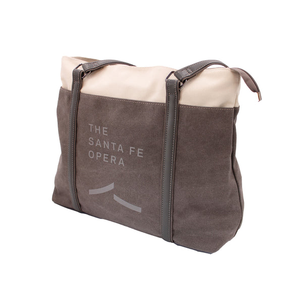 Grey and cream tote bag with grey Santa Fe Opera logo.