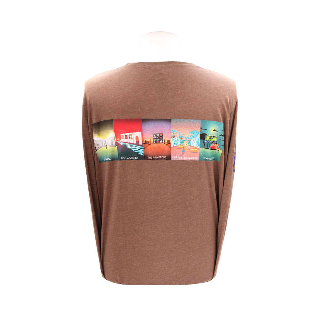 Back. Heather brown, crew neck, long sleeve tee with five multi-colored production artwork.