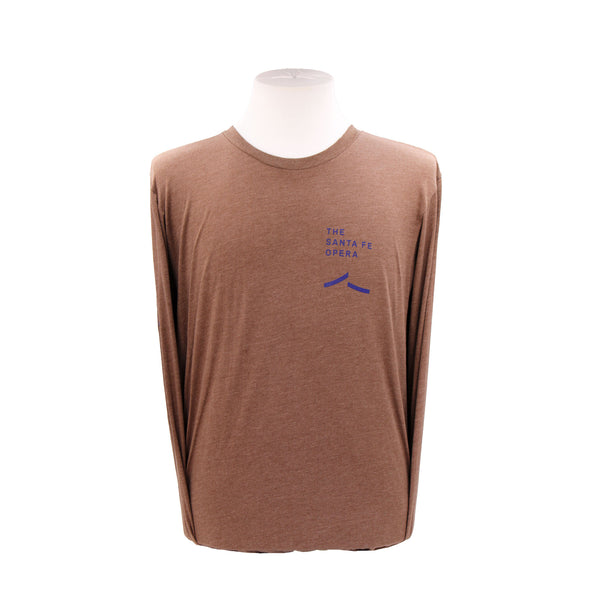 Front. Heather brown, crew neck, long sleeve tee with the Santa Fe Opera logo in purple.
