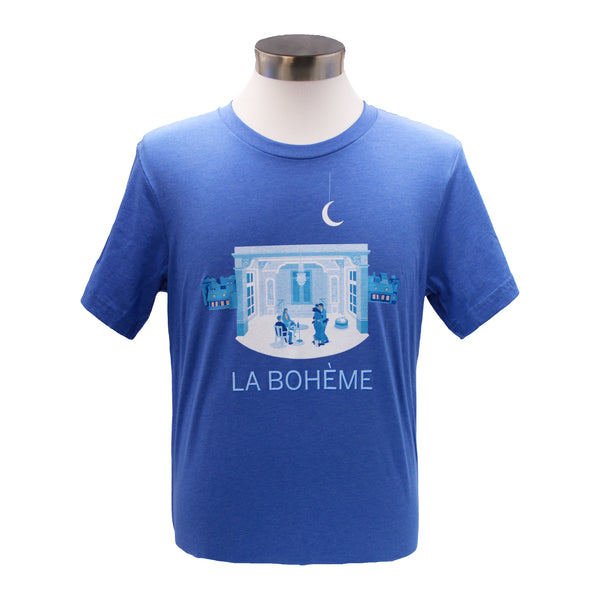 Image of a bright blue with 2025 production artwork for La Boheme.