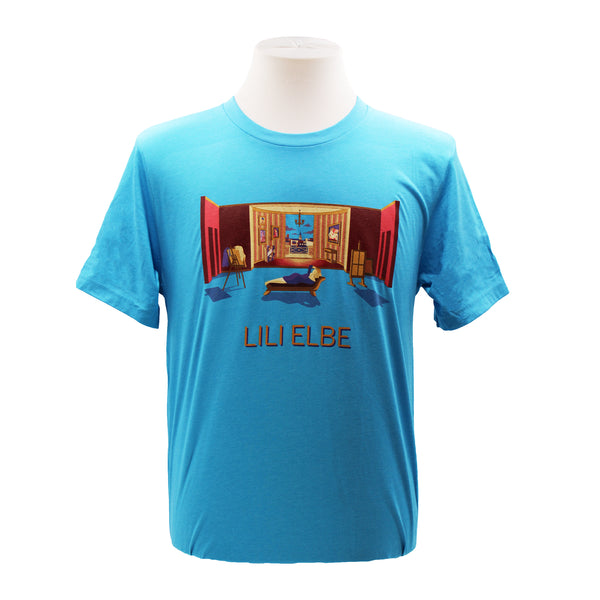 Light blue tee with 'Lili Elbe' graphic design and text.