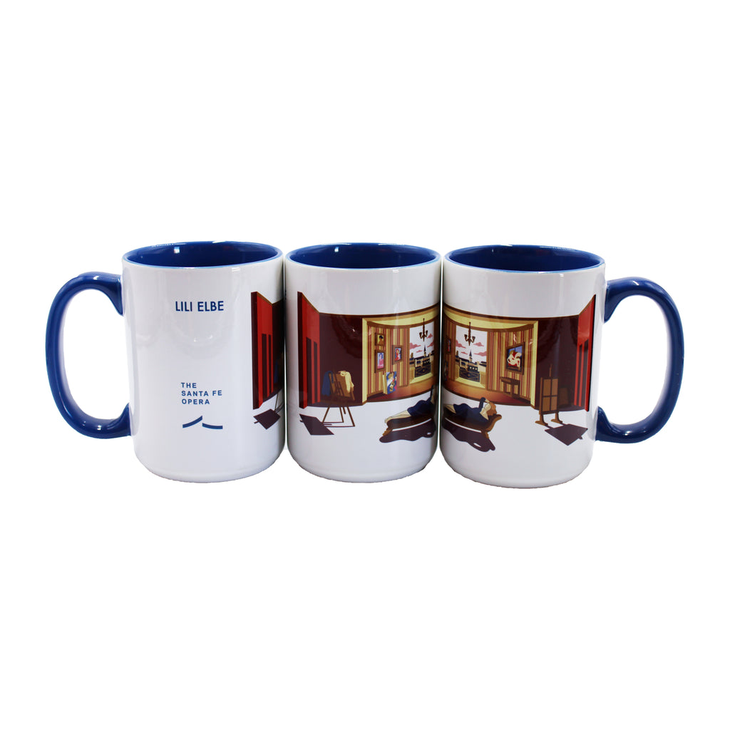 Blue and white mug Lili Elbe artwork and the Santa Fe Opera logo.